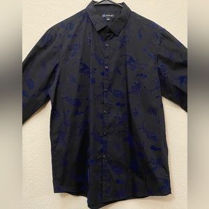INC men’s black with blue design dress shirt size LARGE